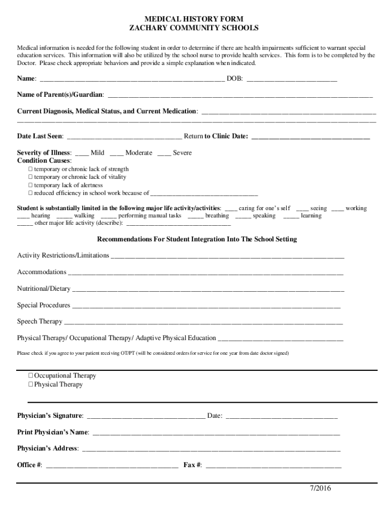 Fillable Online Student Medical History Form TemplatePrintable Medical