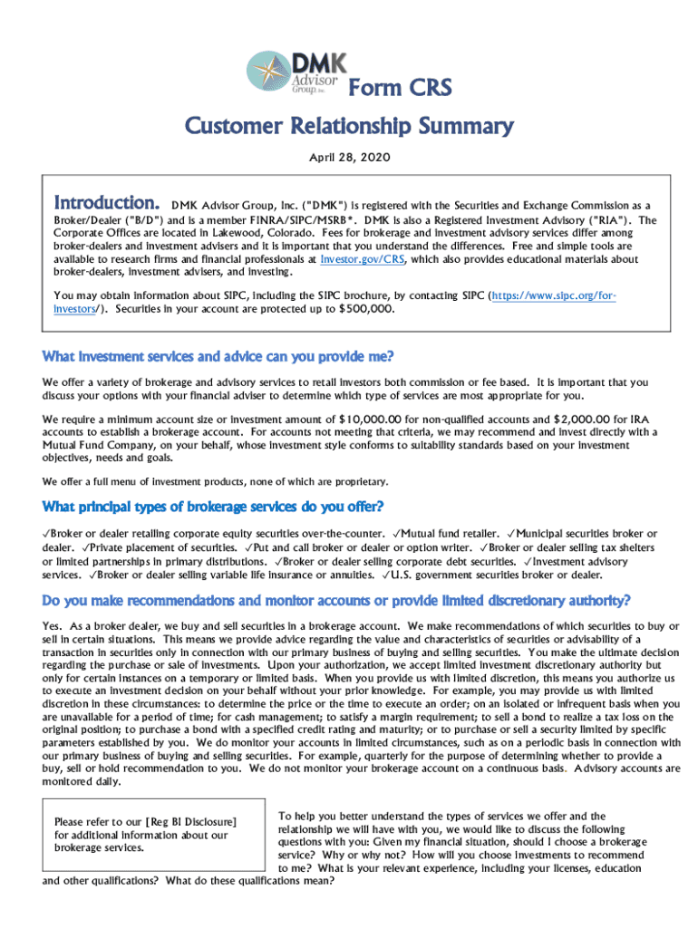 Fillable Online Form CRS Customer Relationship Summary DMK Advisor