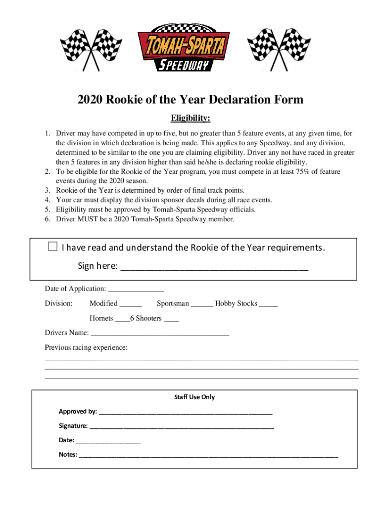 Fillable Online 2020 Rookie of the Year Declaration Form Fax Email ...