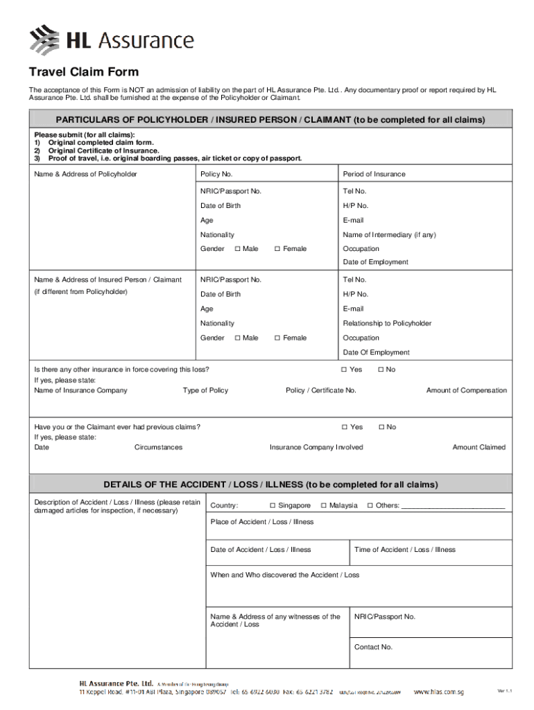 Fillable Online Travel Claim Form ver3 HL Assurance Fax Email Print