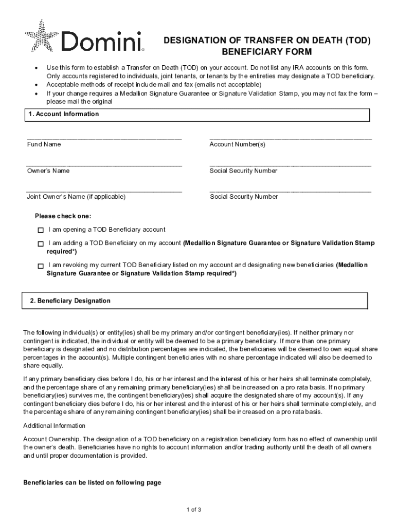 Fillable Online Transfer on Death (TOD) Beneficiary Agreement-TDA 0121 ...