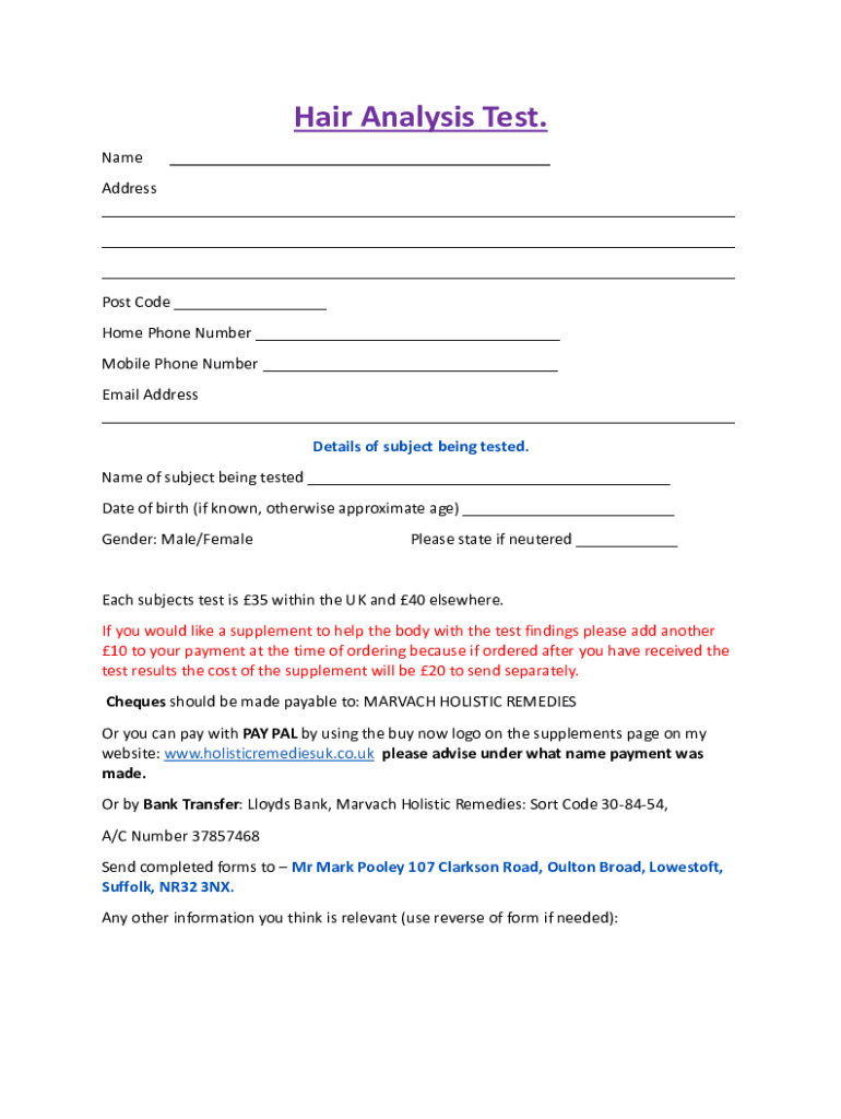 Fillable Online HairAnalysisTestForm..docx Fax Email Print pdfFiller