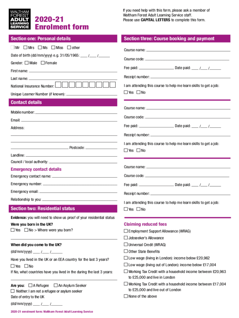 Fillable Online 202021 Enrolment form Waltham Forest Adult Learning