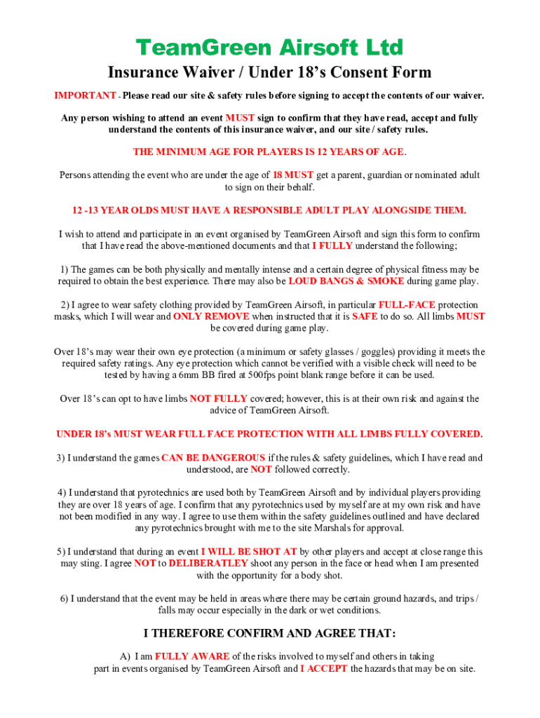 Fillable Online TeamGreen Airsoft Insurance Waiver & Consent Form