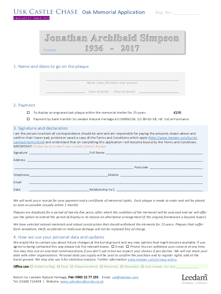 Fillable Online Name and dates to go on the plaque Fax Email Print