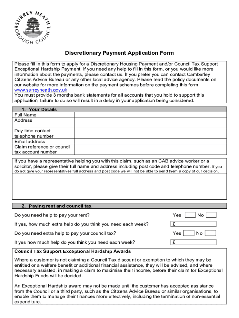 Fillable Online surreyheath gov Application for discretionary housing