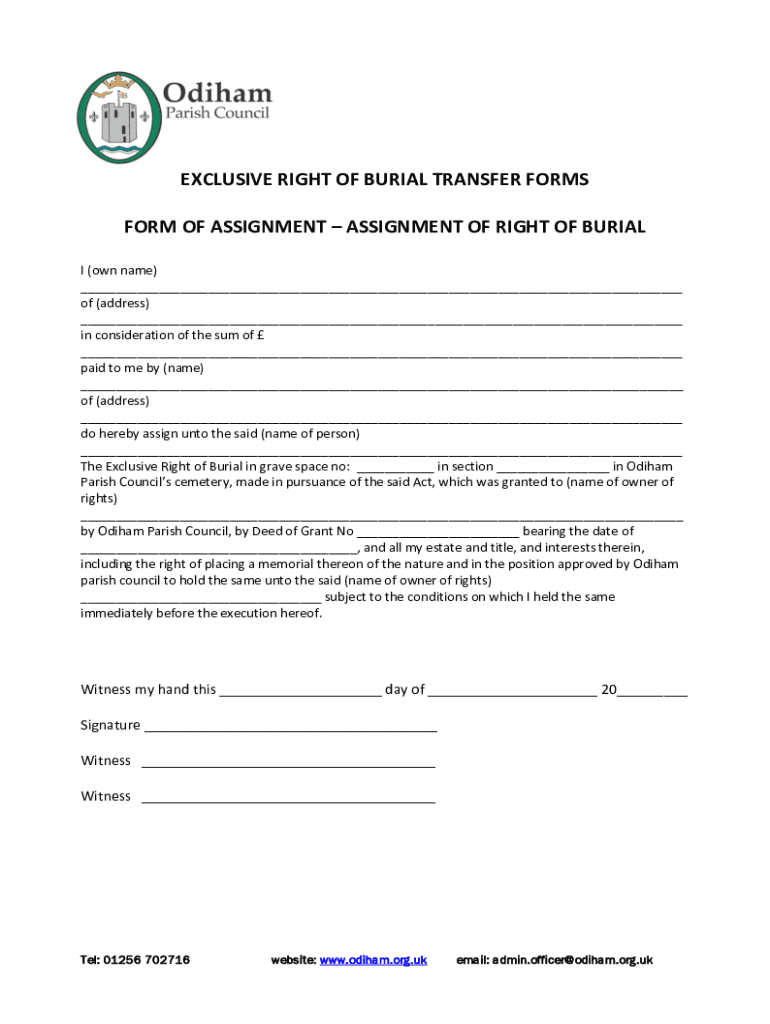 Fillable Online Transfer of Exclusive Rights of BurialTransfer of