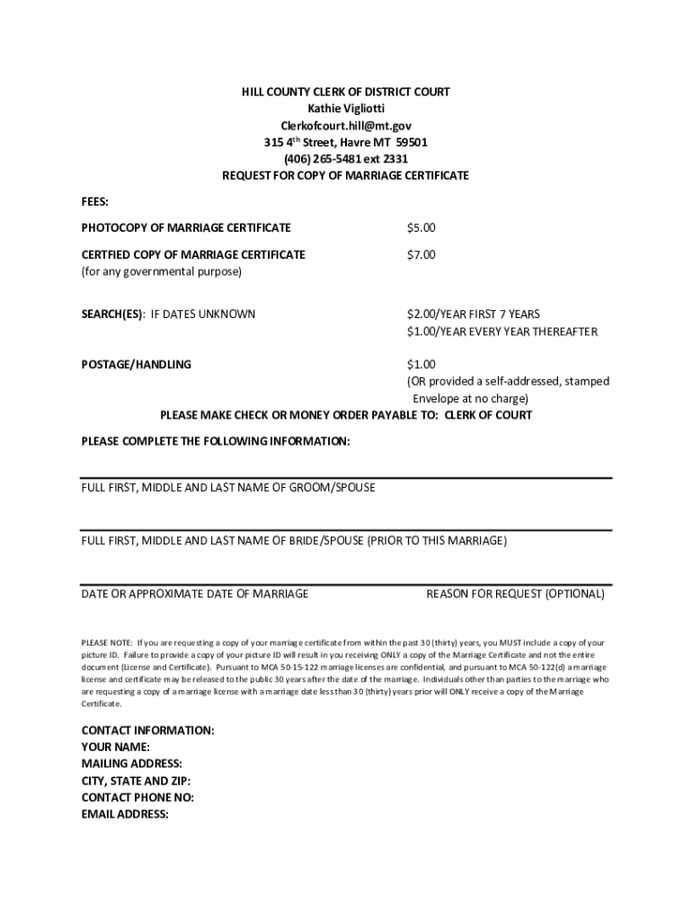 Fillable Online HILL COUNTY CLERK OF DISTRICT COURT Kathie Vigliotti