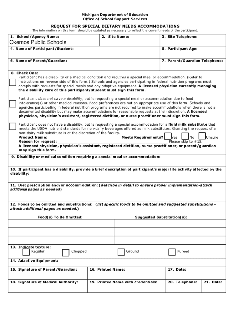 Fillable Online MDE Special Dietary Needs Michigan Fax Email Print
