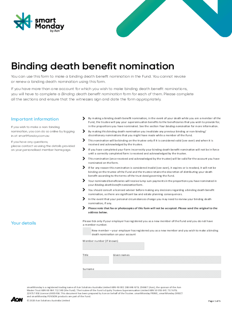 Fillable Online Binding Death Benefit Nomination Form Intuit Benefits