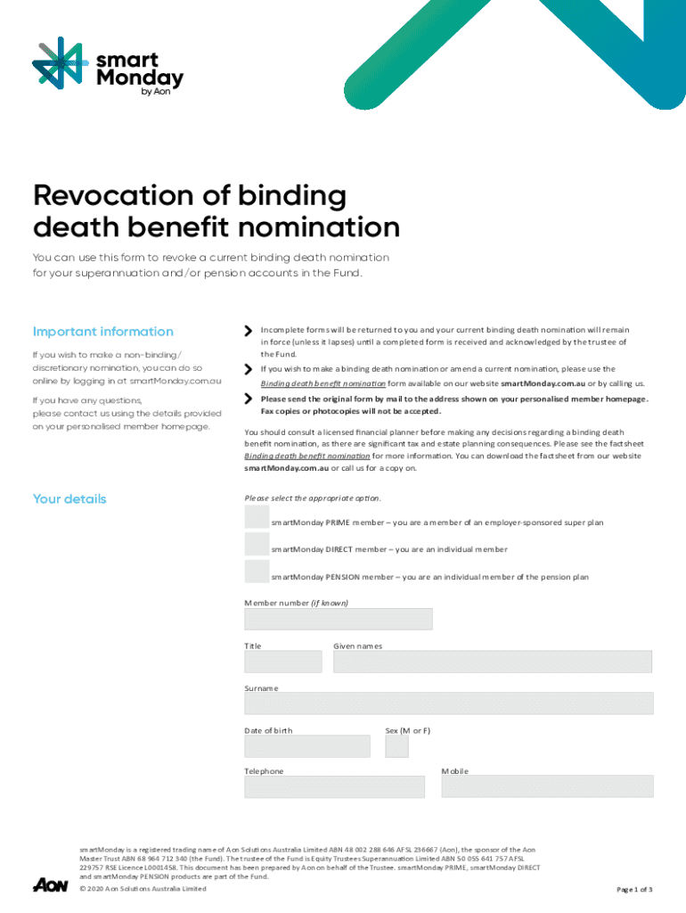Fillable Online Revocation of binding death benefit nomination. Use