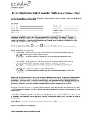 Fillable Online Envolve Dental Benefit Limit Exception (BLE ...