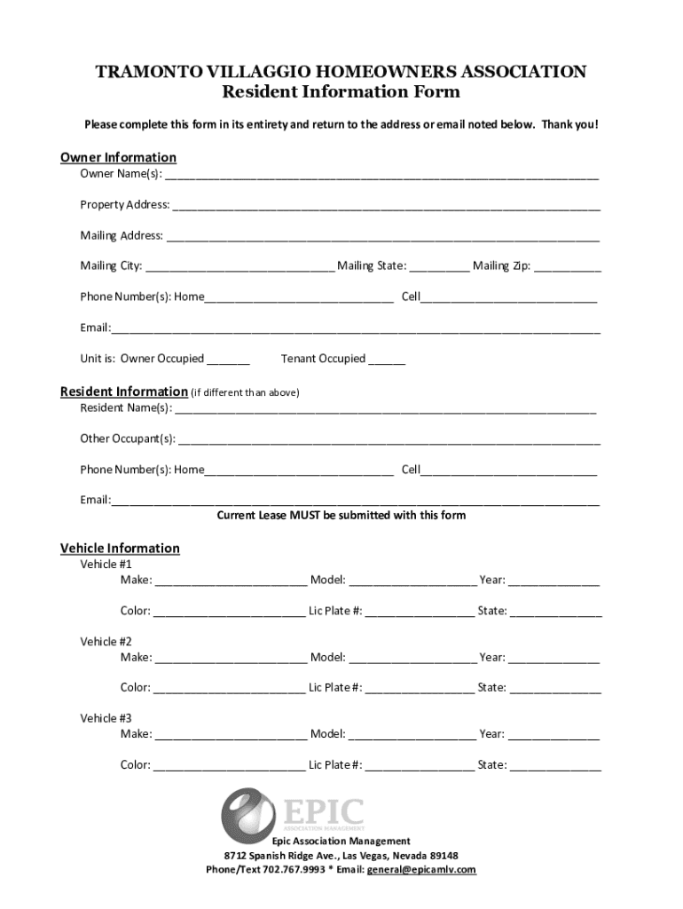 Fillable Online TRAMONTO VILLAGGIO HOMEOWNERS ASSOCIATION Resident
