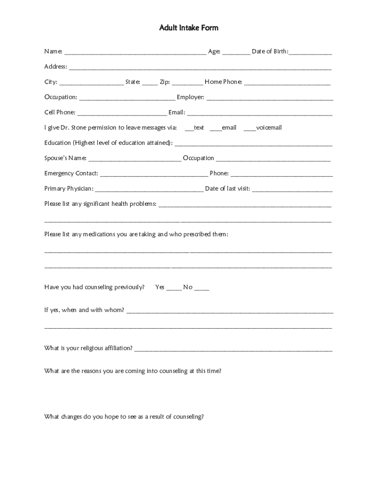 Fillable Online Adult Intake Form - Jane Bisco LCSW-C - Home Fax Email ...