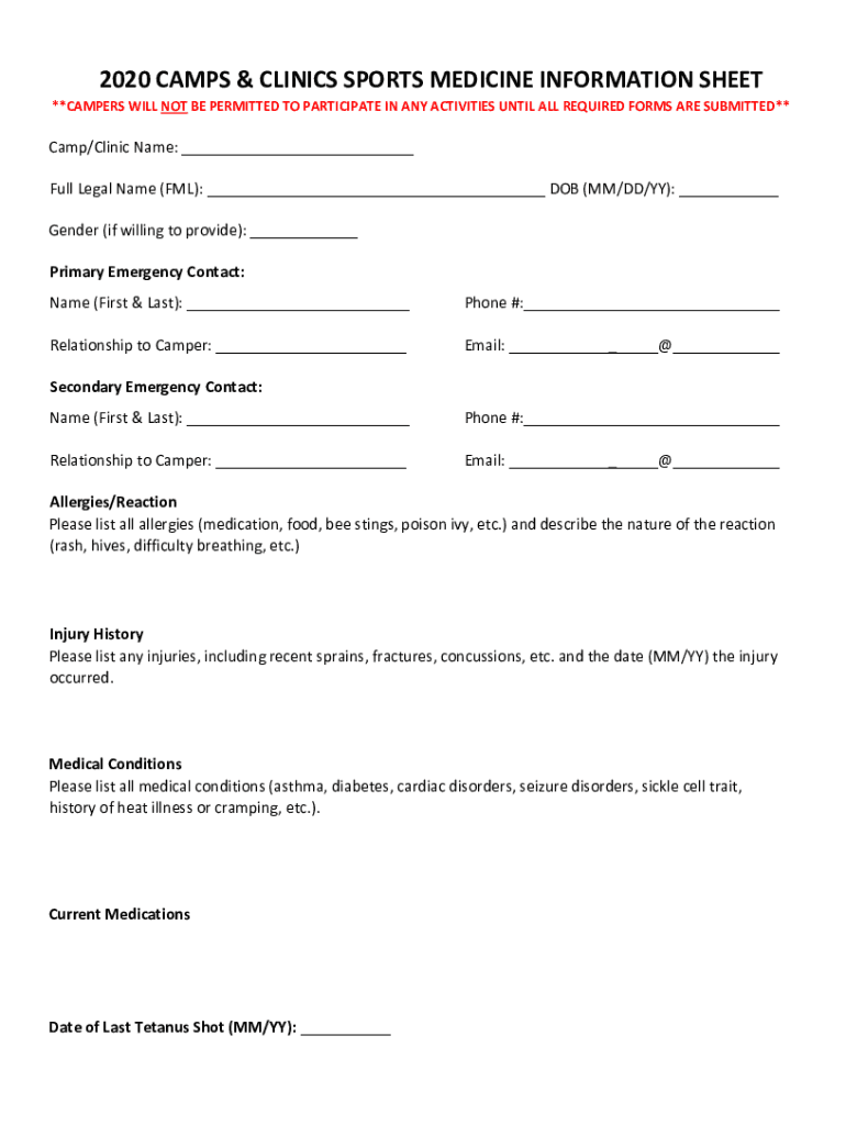 Fillable Online 2020 CAMPS & CLINICS SPORTS MEDICINE INFORMATION SHEET Fax Email Print pdfFiller