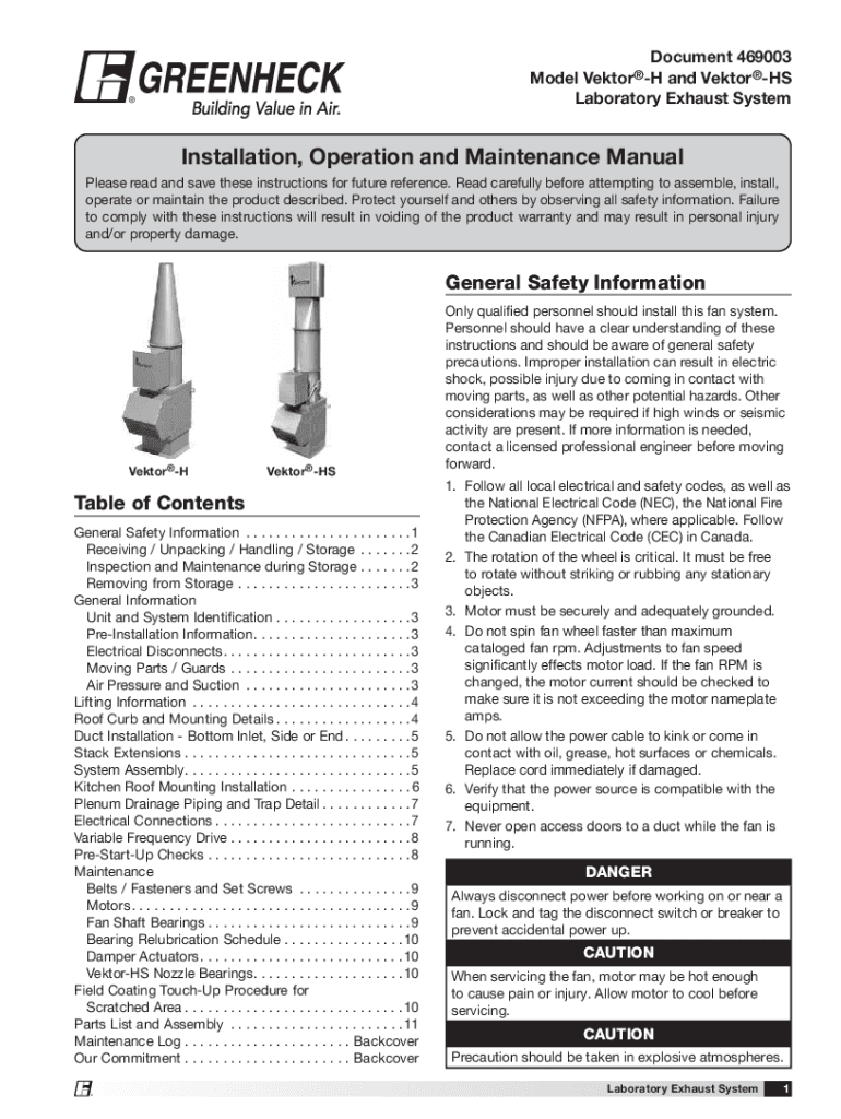Fillable Online Greenheck VektorH Installation, Operation And