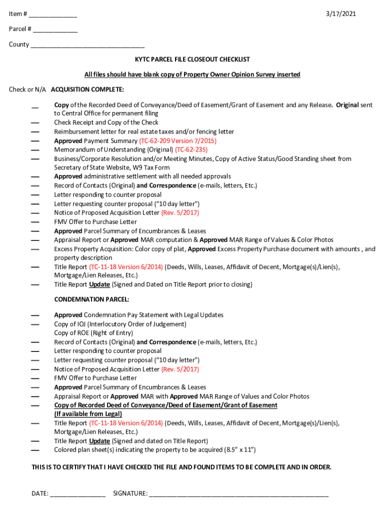 Fillable Online transportation ky KYTC PARCEL FILE CLOSEOUT CHECKLIST