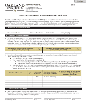 Fillable Online 20192020 Dependent Student Household Worksheet