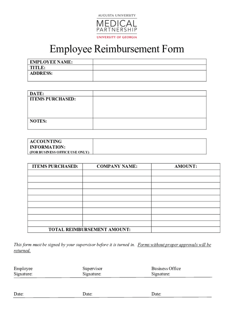 Fillable Online medicalpartnership usg UGA Employee Reimbursement Form ...