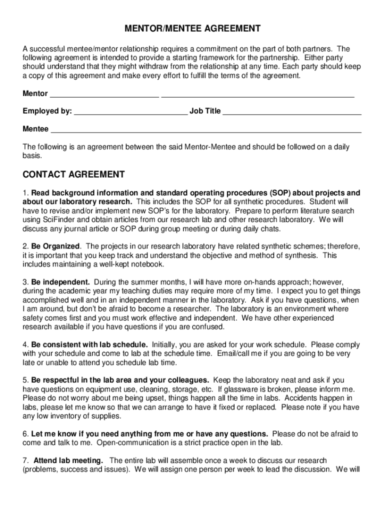 Fillable Online Mentoring agreement templatesMentoring agreement ...