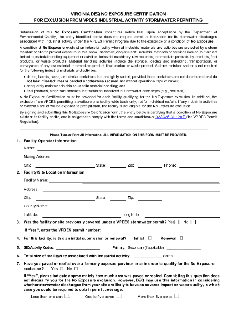 Fillable Online Industrial Stormwater No Exposure Certification Form
