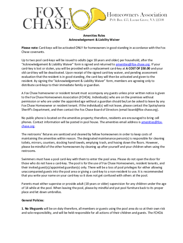 Fillable Online Fox Chase Homeowners Association Pool Rules