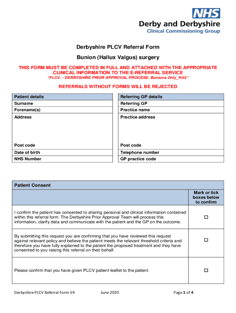 Fillable Online Derbyshire PLCV Referral Form Bunion (Hallux Valgus