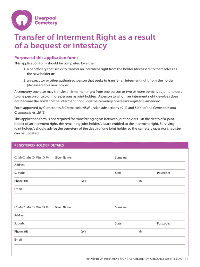 Fillable Online Transfer of an interment right as a result of intestacy ...