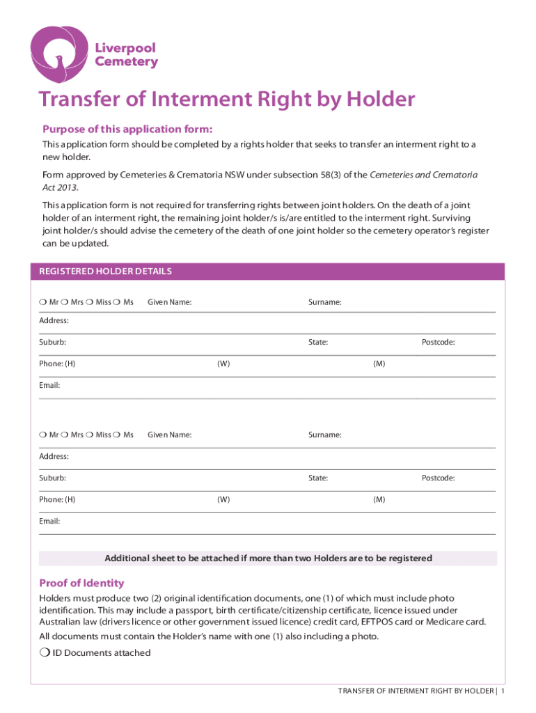 Fillable Online Transfer of a Perpetual Interment Right by Holder Fax ...