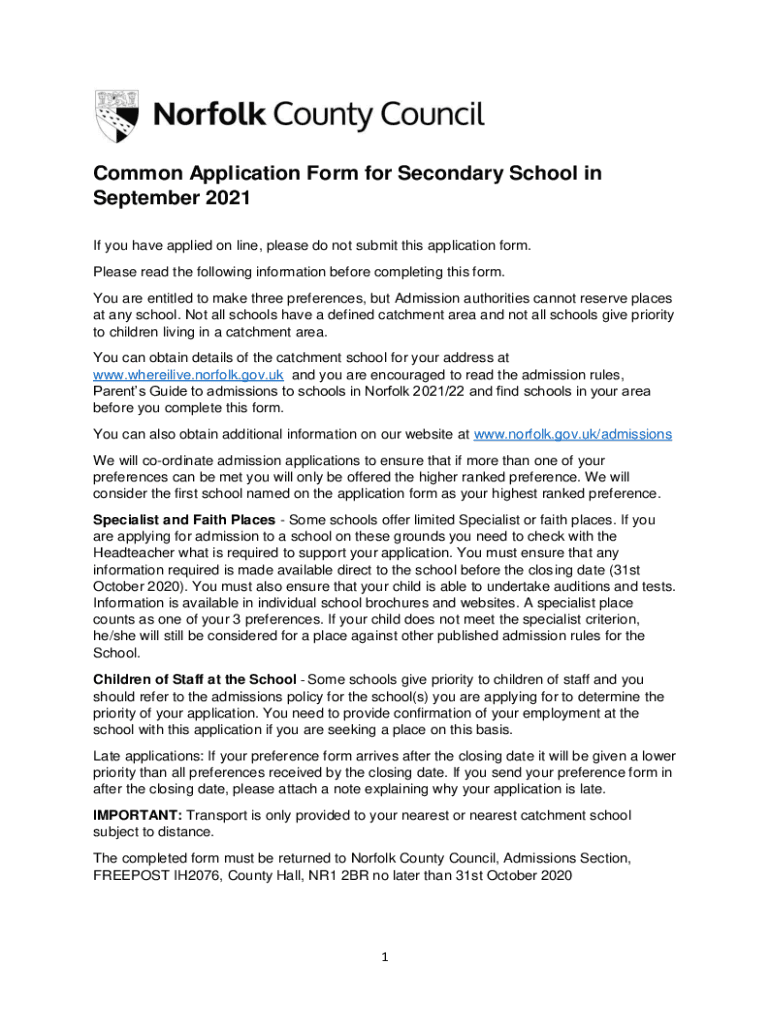 Fillable Online Common Application Form For Secondary School In 