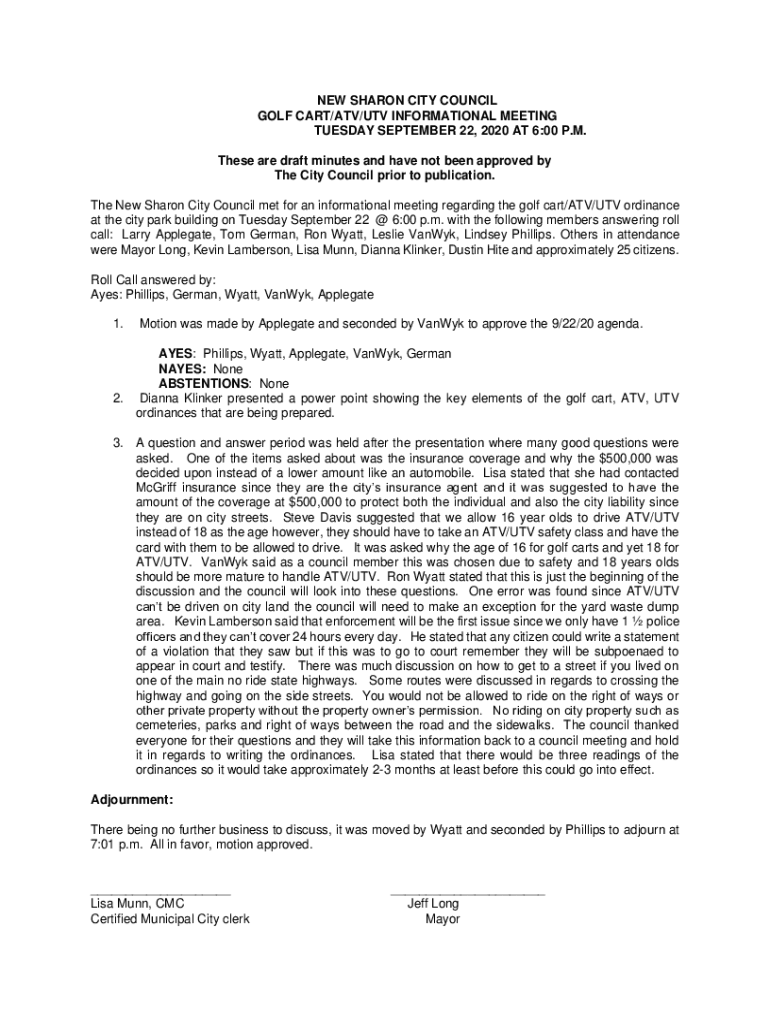 Fillable Online NEW SHARON CITY COUNCIL GOLF CART/ATV/UTV INFORMATIONAL