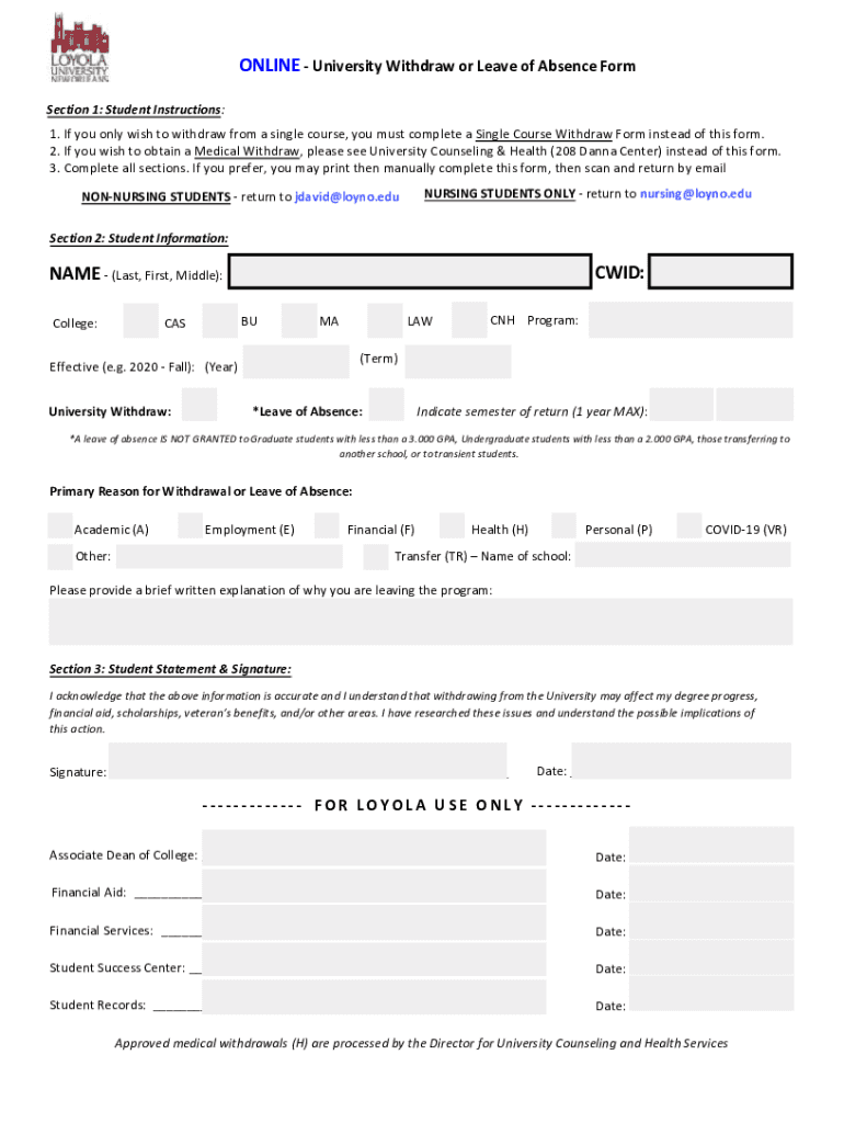 Fillable Online ONLINE University Withdraw or Leave of Absence Form Fax