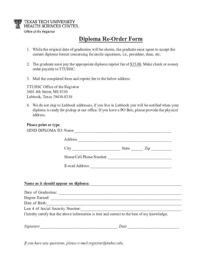 Diploma Re-Order Form Preview on Page 1