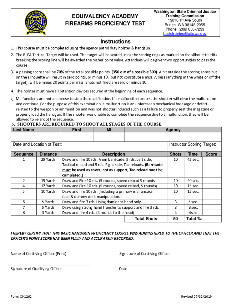 Fillable Online Form CJ1262 Firearms Proficiency Test Criminal