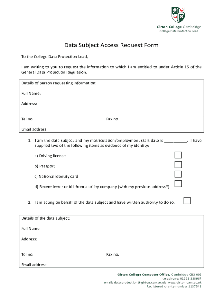 Fillable Online Data Subject Access Request Form Girton College