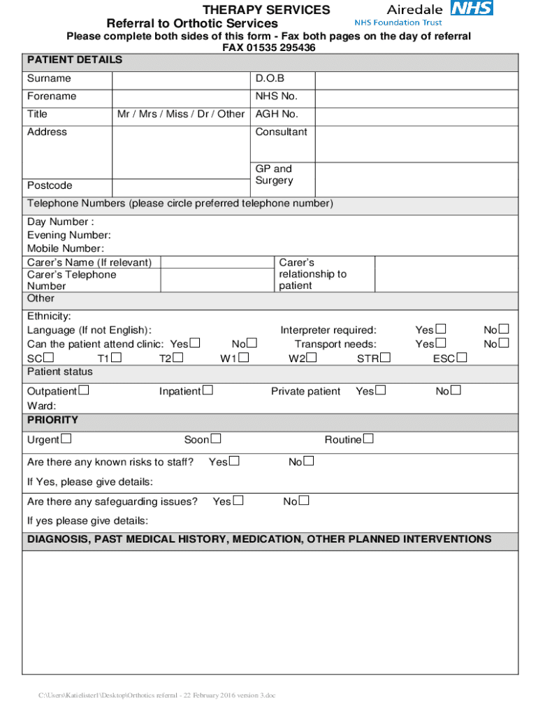 Fillable Online THERAPY SERVICES Referral to Wheelchair Services