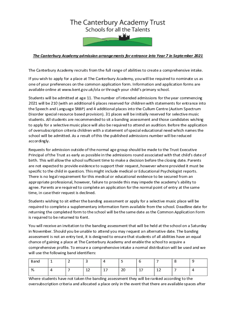 Fillable Online The Canterbury Academy admission arrangements for