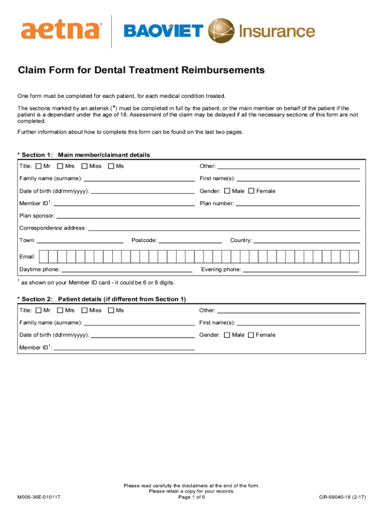 Fillable Online Claim Form for Dental Aetna International Treatment