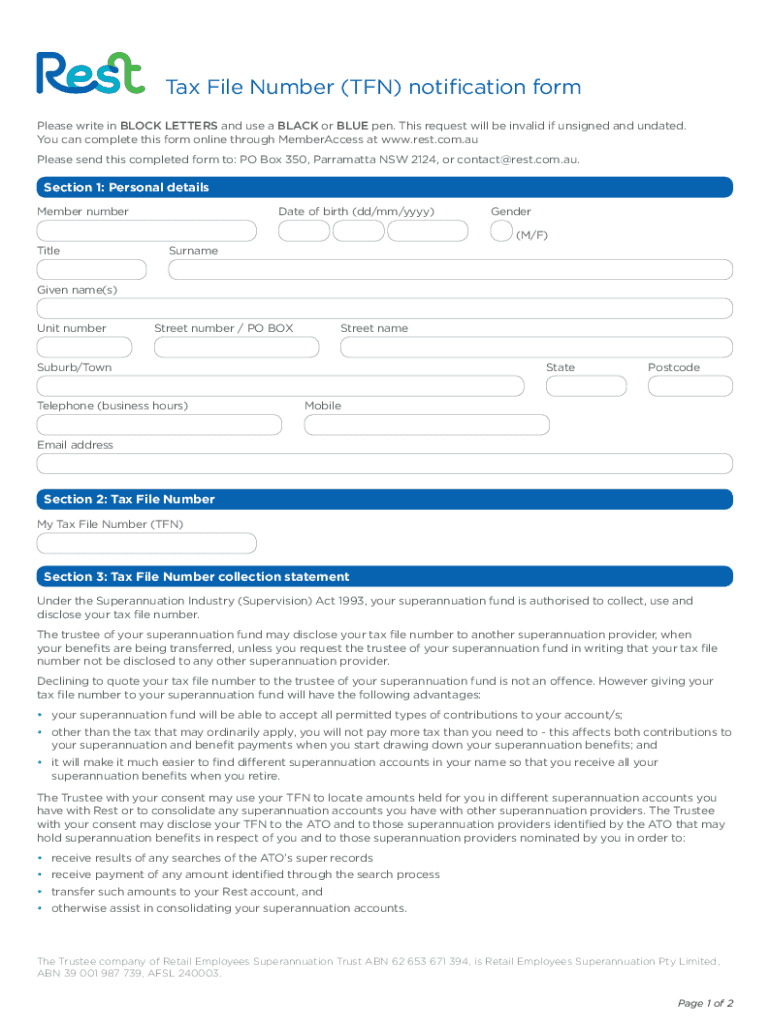 Fillable Online Tax File Number (TFN) notification form Rest Super