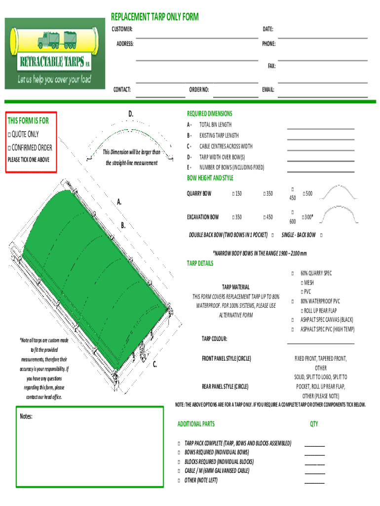 Fillable Online REPLACEMENT TARP ONLY FORM Retractable Tarps Fax