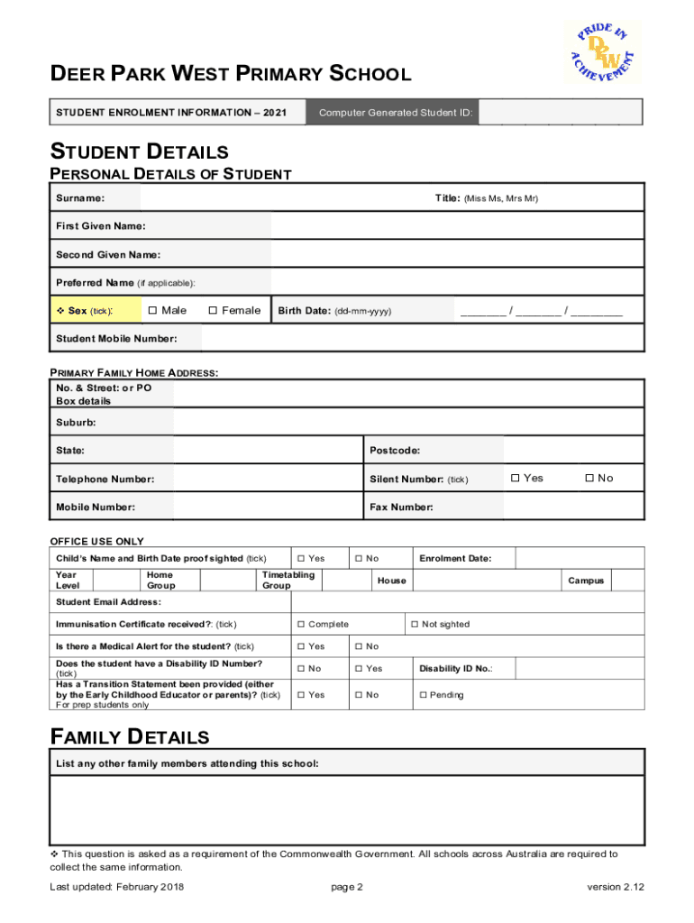 Student Enrolment Form - Deer Park West Primary School Preview on Page 1