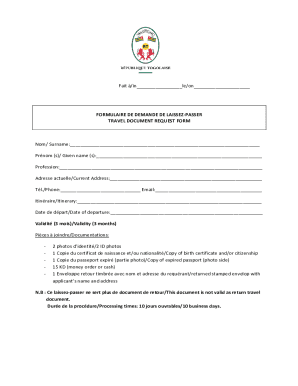 Fillable Online FORMULAIRE DE DEMANDE DE LAISSEZPASSER TRAVEL DOCUMENT