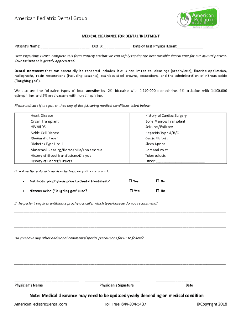 Printable Medical Clearance Form For Dental Treatment