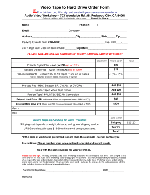 Video Tape to Digital File Transfer Order Form