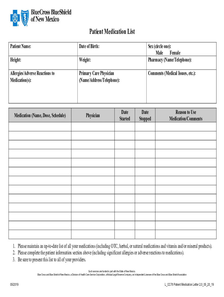 Fillable Online Blue Cross Community Centennial Patient Medication List