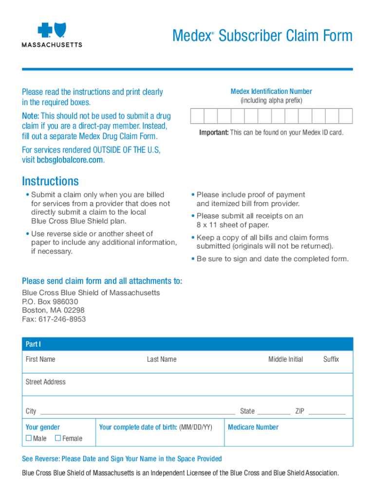 Fillable Online Medex Subscriber Claim Form Blue Cross Blue Shield of