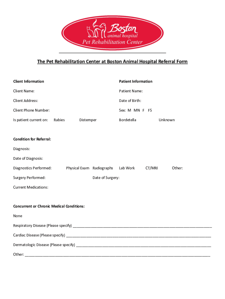 Fillable Online The Pet Rehabilitation Center at Boston Animal Hospital