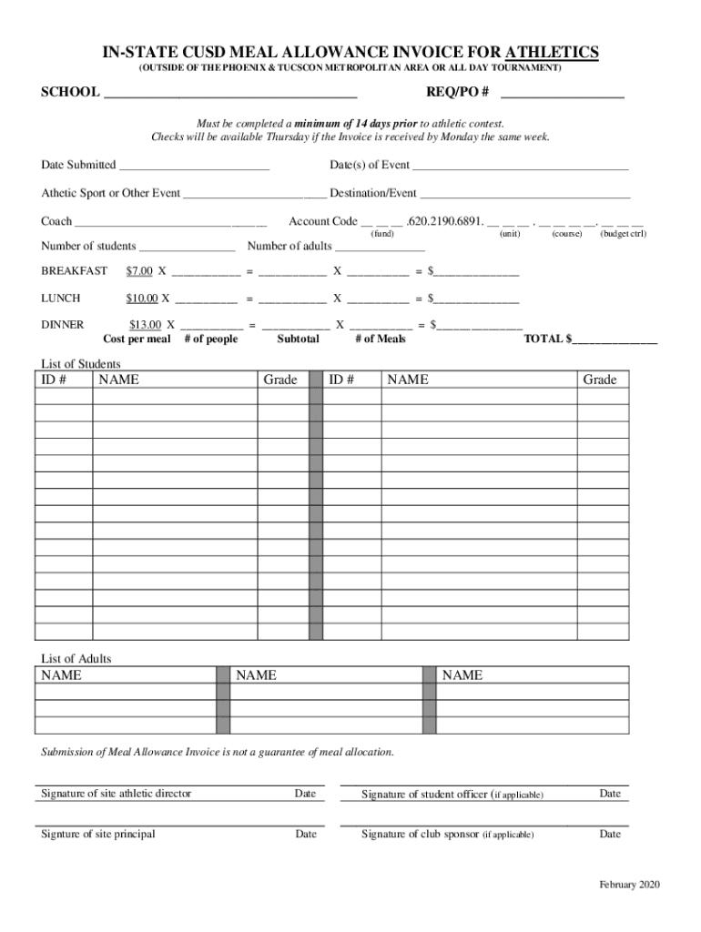 Fillable Online MEAL ALLOWANCE INVOICE Fax Email Print pdfFiller