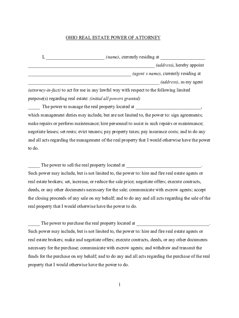 Fillable Online Ohio Real Estate Power of Attorney Form. Ohio Real