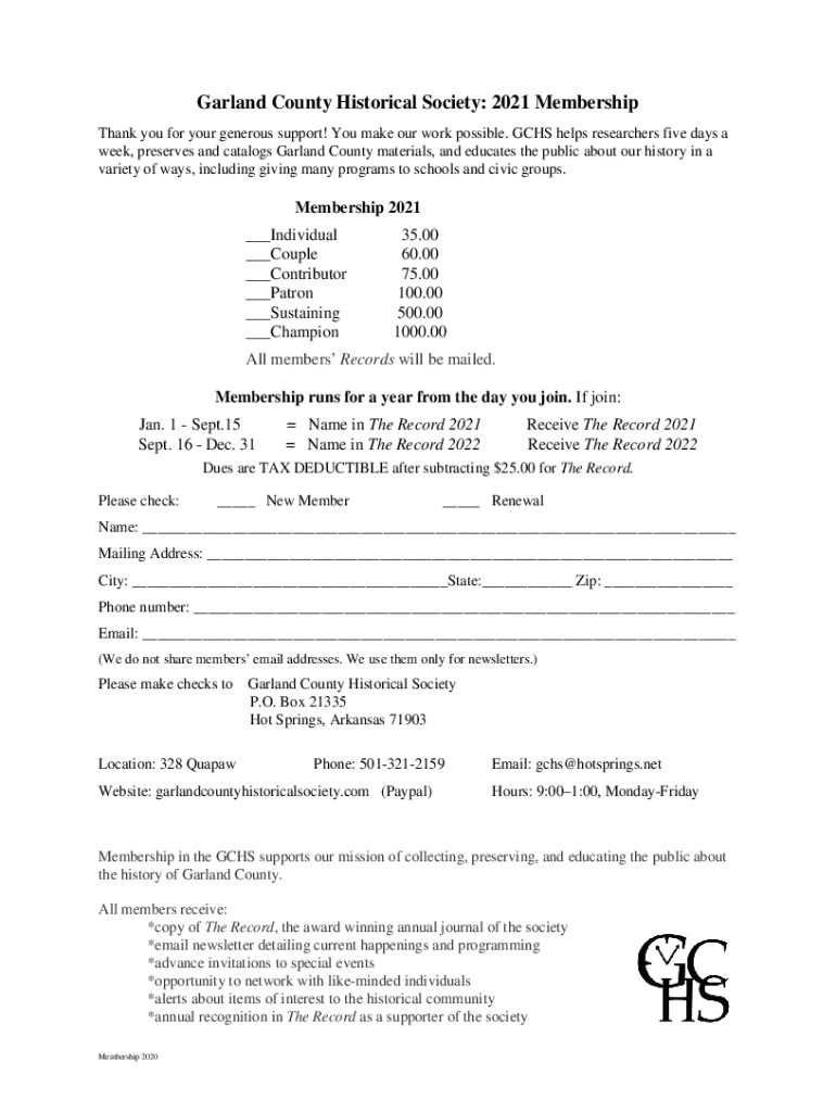 Fillable Online Membership Form 2021 Garland County Historical
